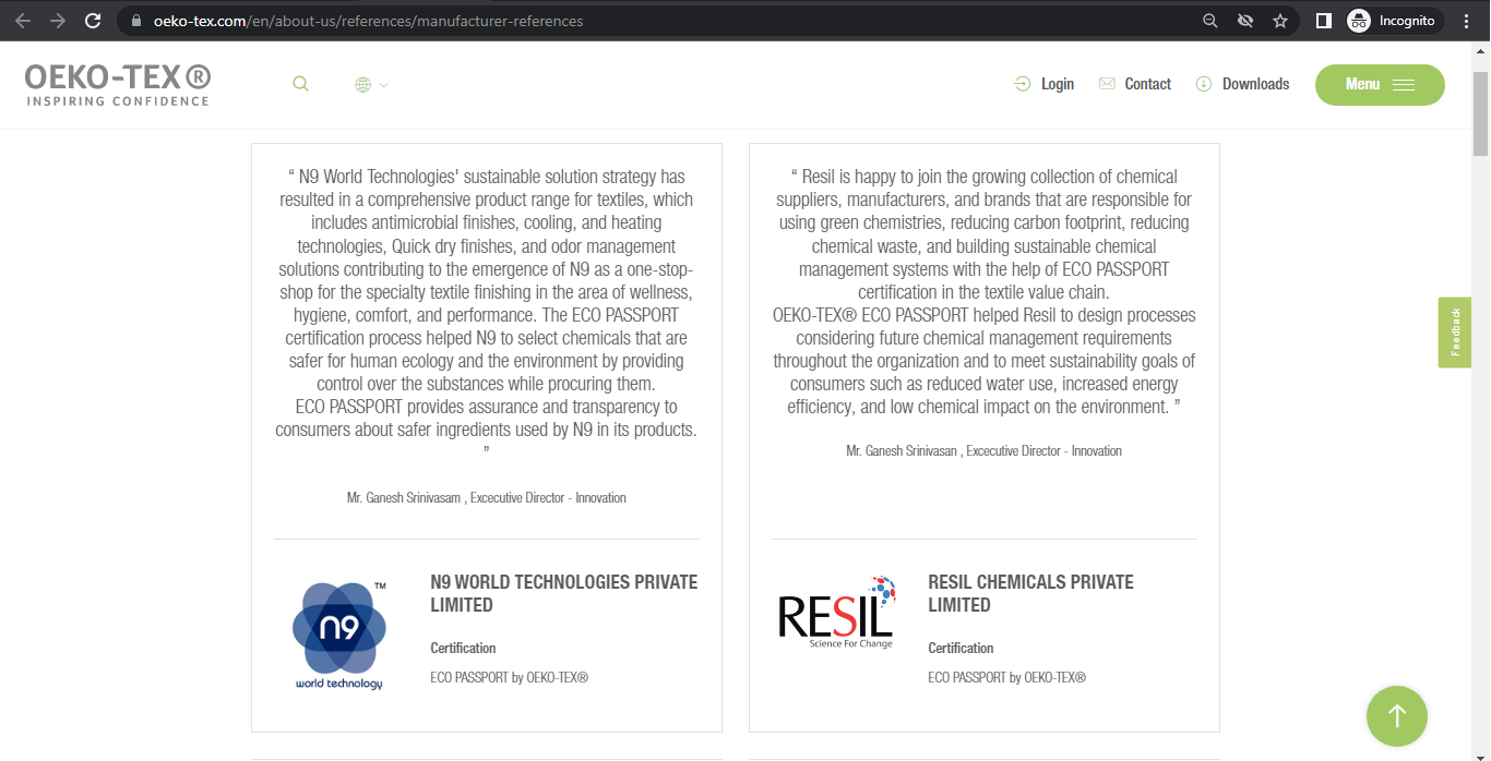 Resil & N9 listed under Manufacturer References in OEKO-TEXT website